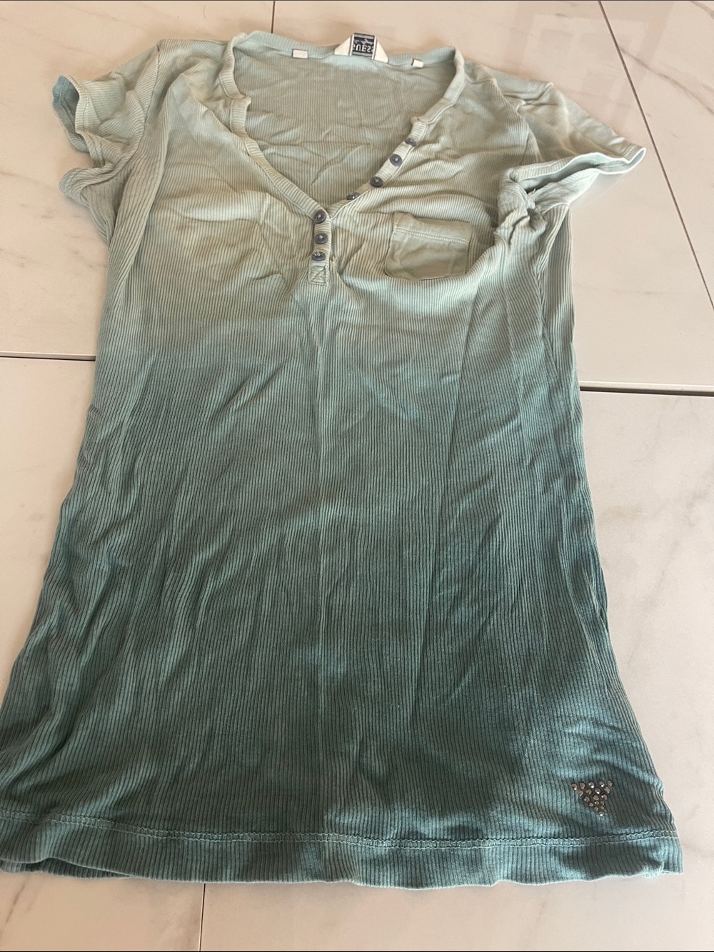 Y2K Mid 2000s Guess Green Ombre Ribbed Henley Tee